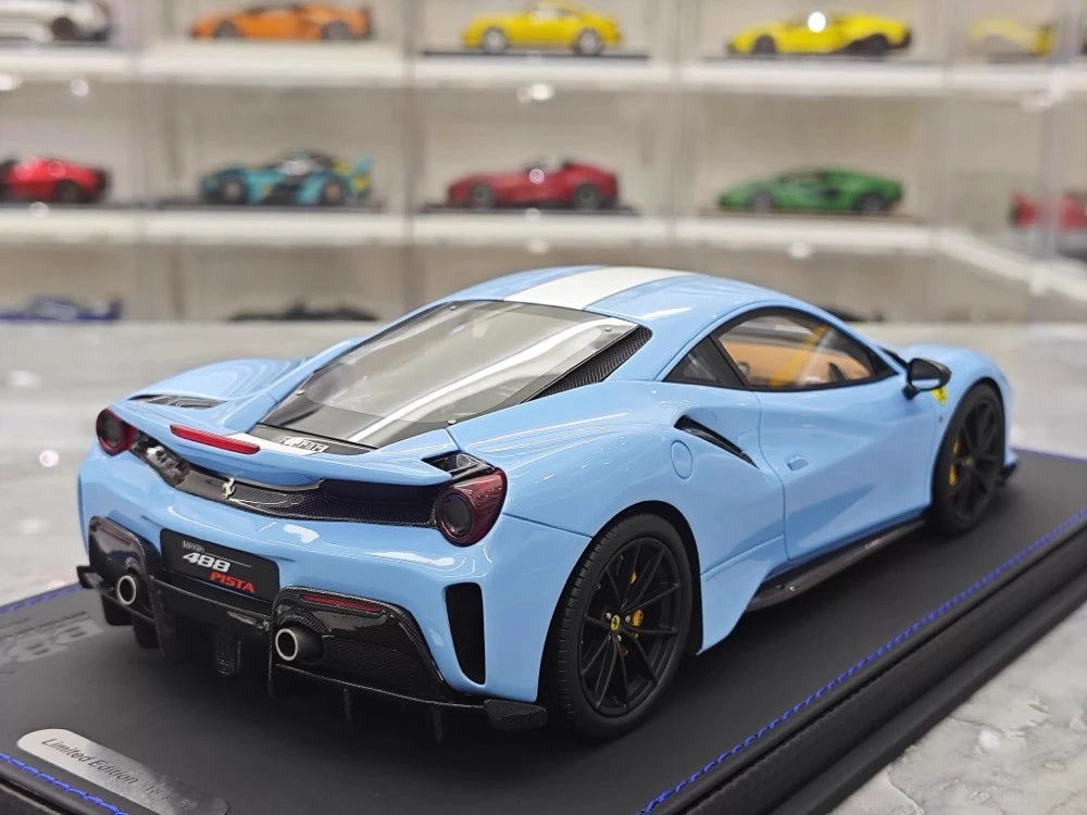 [BBR] 1:18 Ferrari 2019 488 Pista Coupe Azzurro La Plata Bianco Stripe Model Car Resin