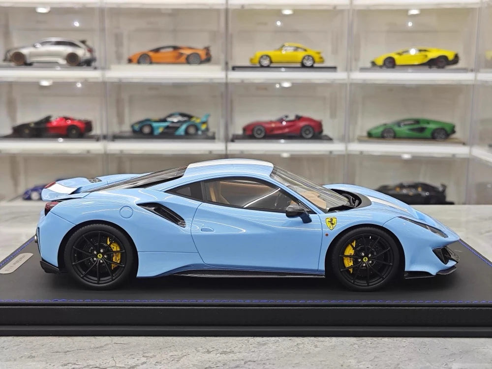 [BBR] 1:18 Ferrari 2019 488 Pista Coupe Azzurro La Plata Bianco Stripe Model Car Resin
