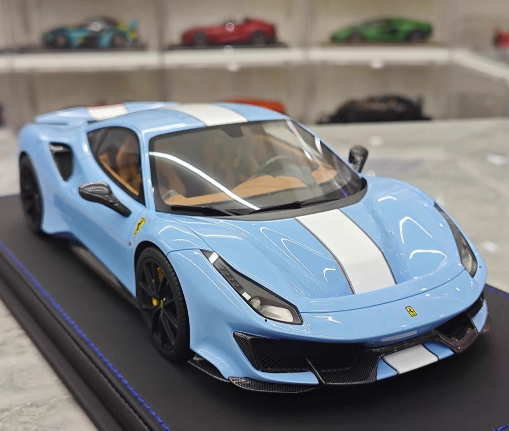 [BBR] 1:18 Ferrari 2019 488 Pista Coupe Azzurro La Plata Bianco Stripe Model Car Resin