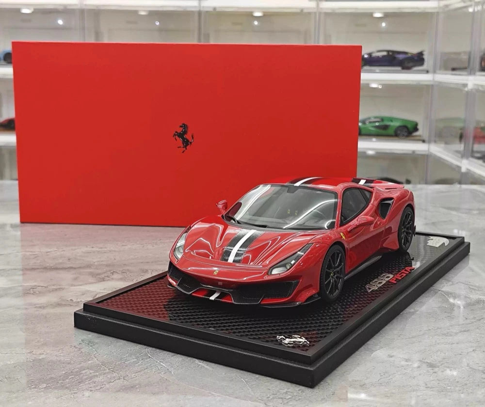 [BBR] 1:18 Ferrari 2019 488 Pista Coupe Rosso Corsa Nero/Argento Stripe Model Car Resin