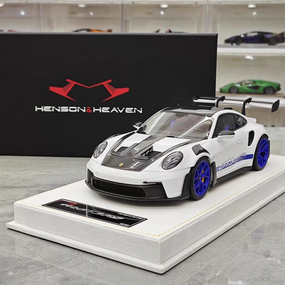 [Henson & Heaven] 1:18 Porsche 2023 992.1 GT3 RS White & Blue Hub Model Car Resin