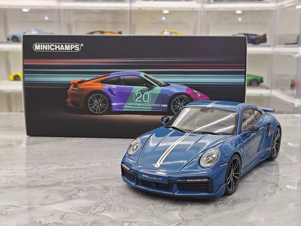 [Minichamps] 1:18 Porsche 2023 911 992 Turbo S 20th Anniversary bleu voiture miniature Die-Cast